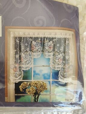 Lace Floral Valance Curtain - White with Pink and Blue Accents